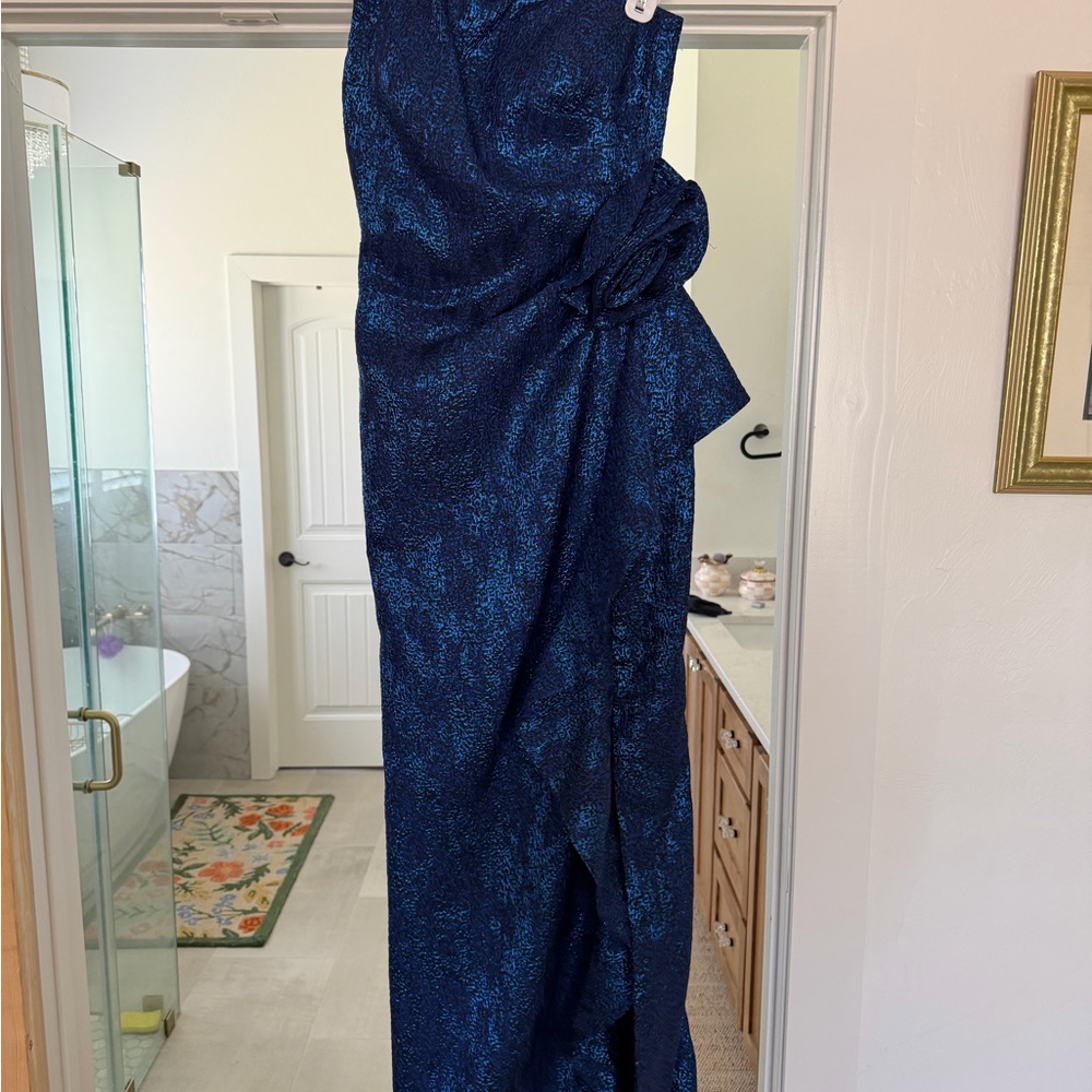 Teri Jon Navy and Blue Metallic Evening Dress